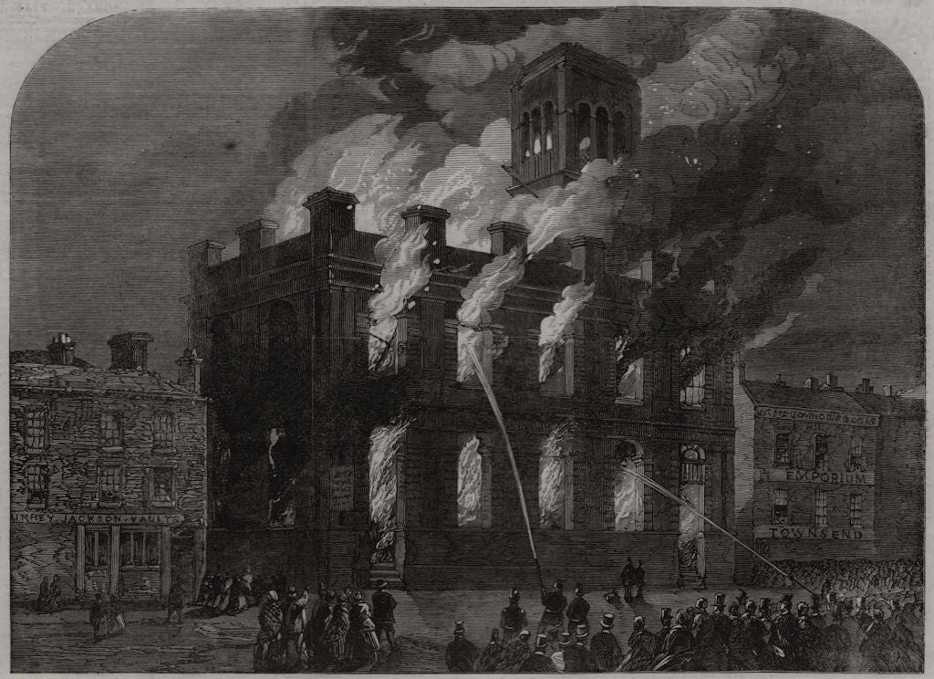 The burning of the Surrey Theatre at Sheffield. Yorkshire 1865 old print